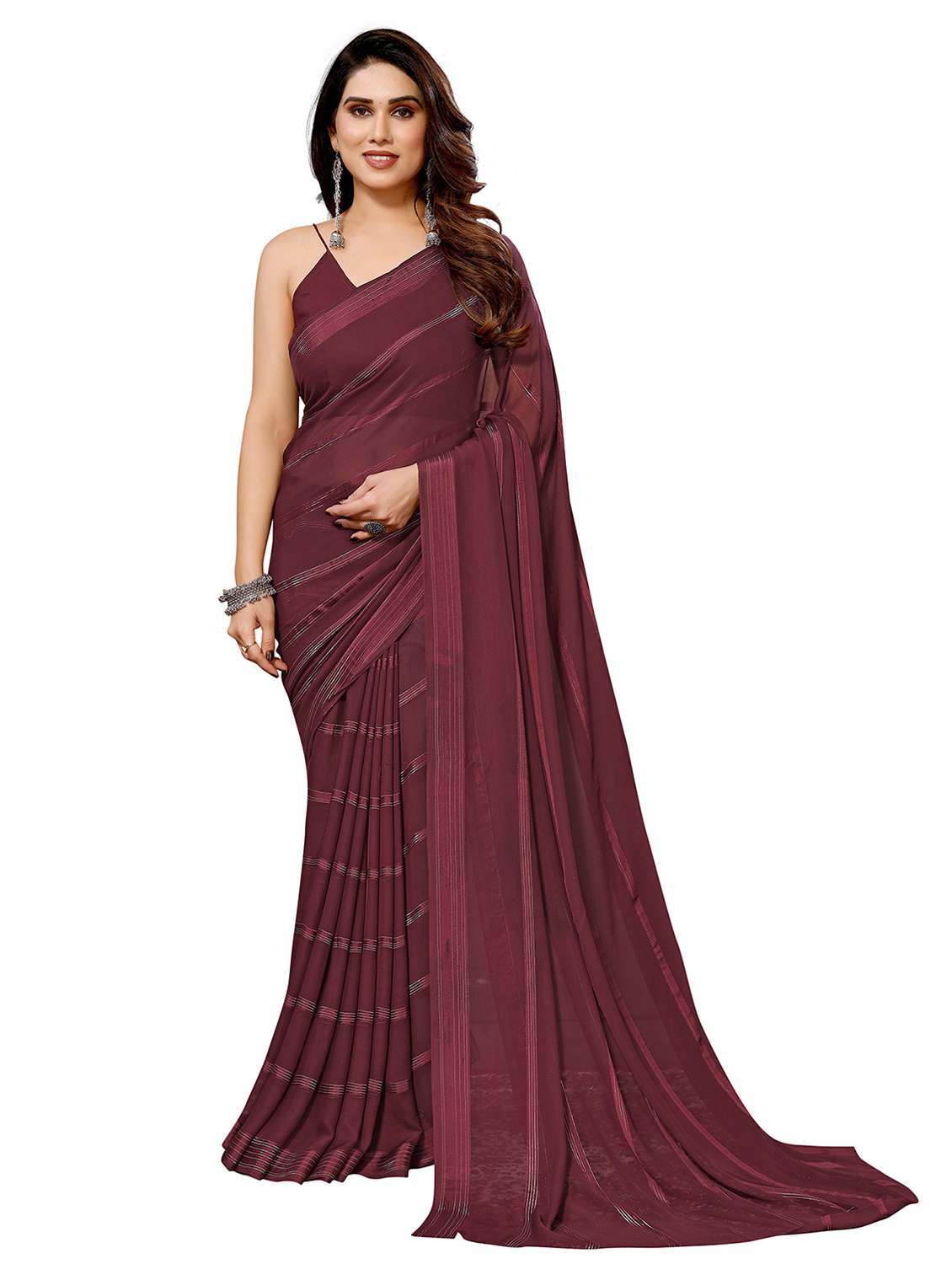 women striped plain saree with blouse