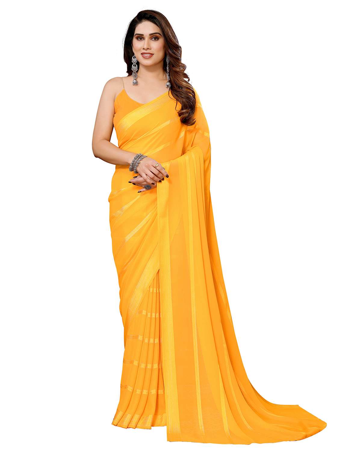 women striped plain saree with blouse
