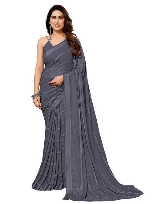 women striped plain saree with blouse - 22050254 -  Standard Image - 0