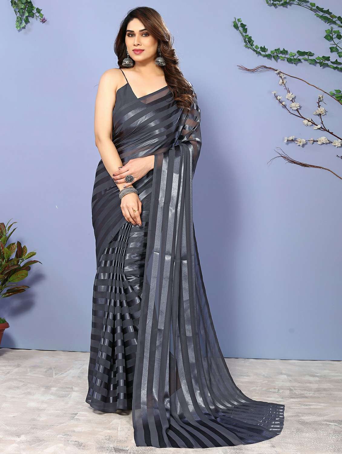 women striped plain saree with blouse - 22050293 -  Zoom Image - 0