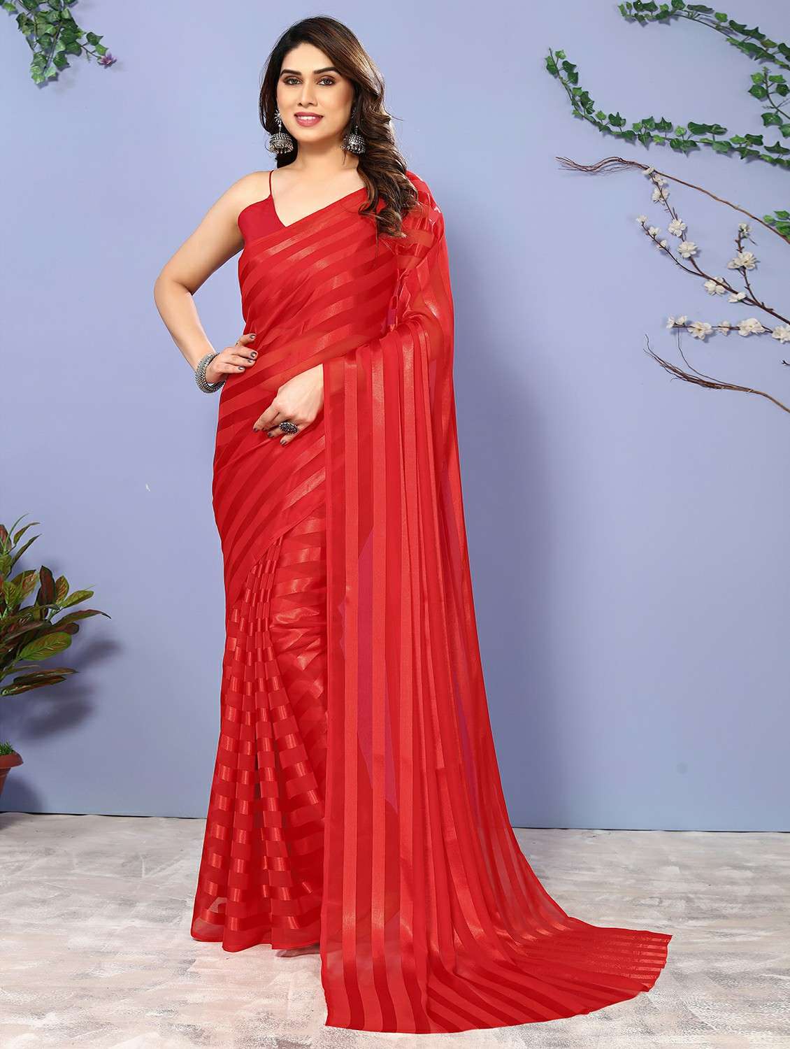 women striped plain saree with blouse - 22050294 -  Zoom Image - 0