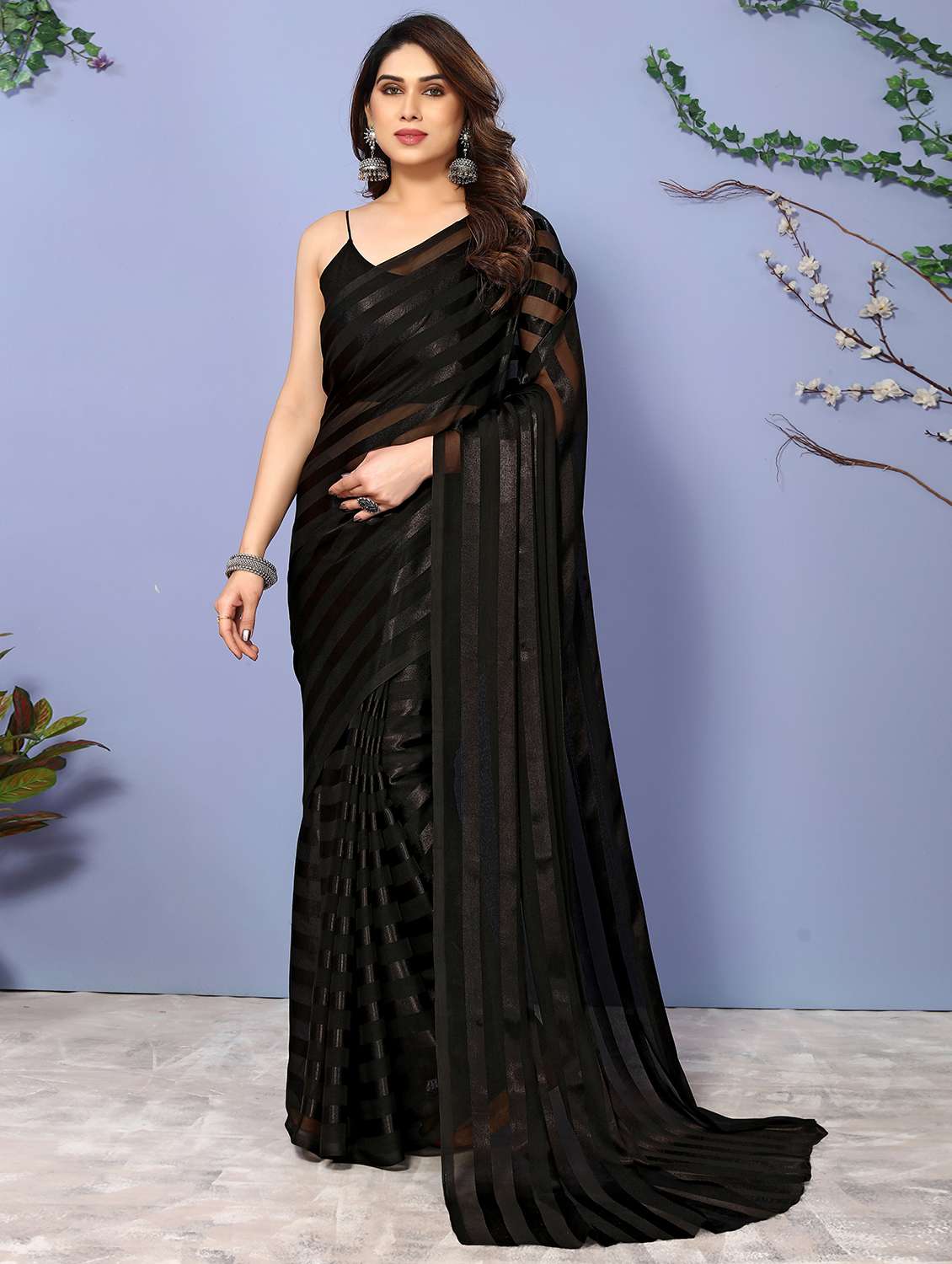 women striped plain saree with blouse