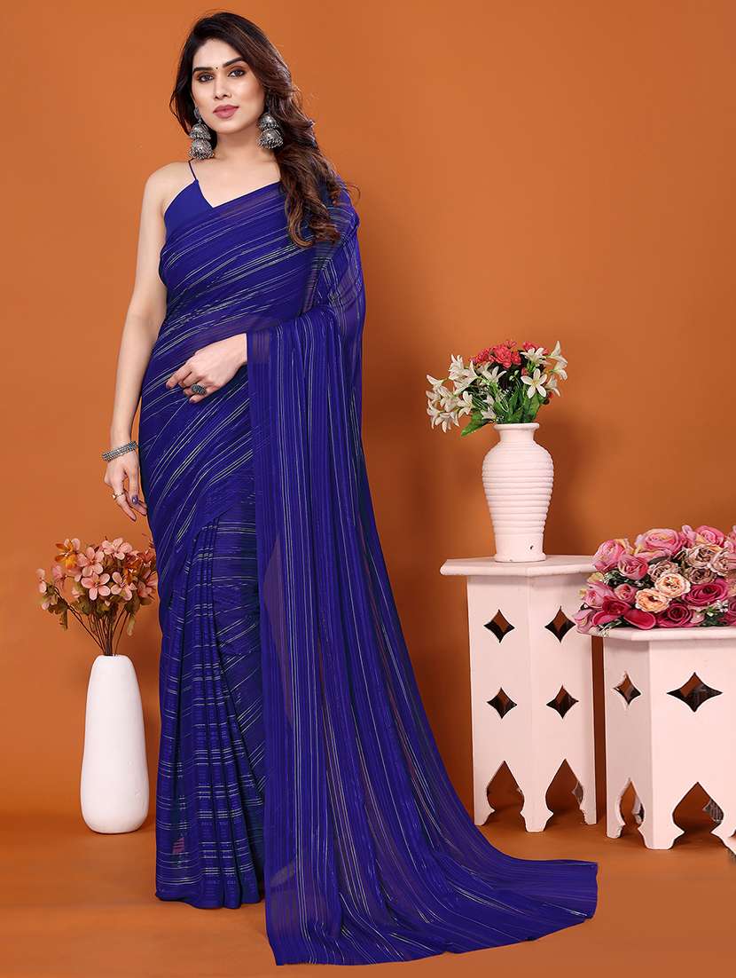 women striped plain saree with blouse