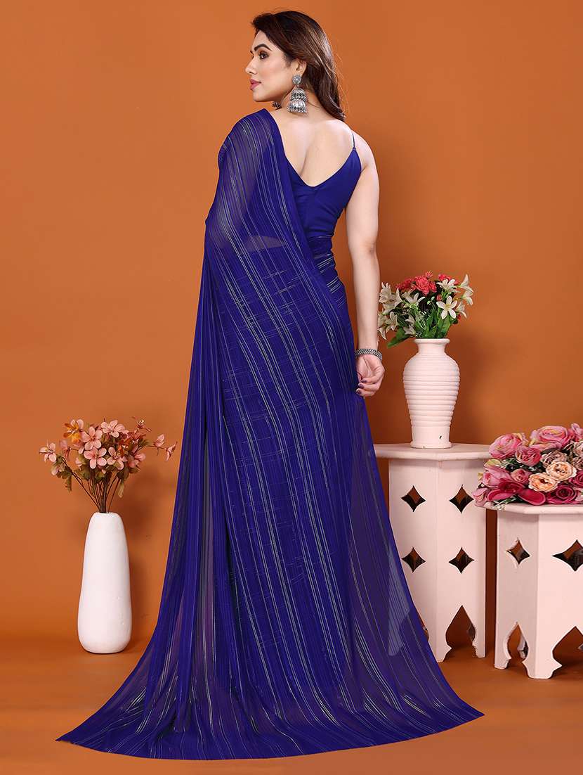 women striped plain saree with blouse - 22050316 - Standard Image - 3