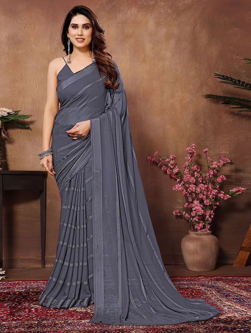 women striped plain saree with blouse - 22050325 - Zoom Image - 0
