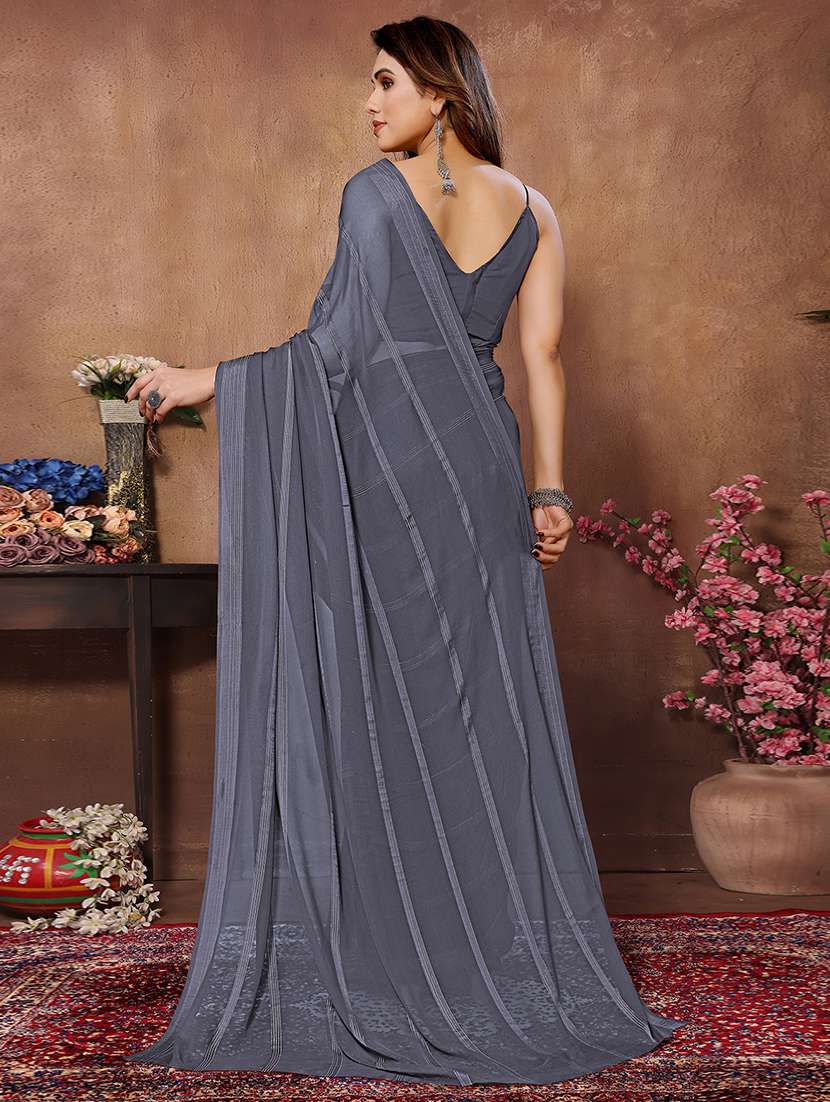 women striped plain saree with blouse - 22050325 - Standard Image - 3