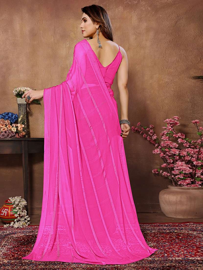 women striped plain saree with blouse - 22050326 - Standard Image - 3