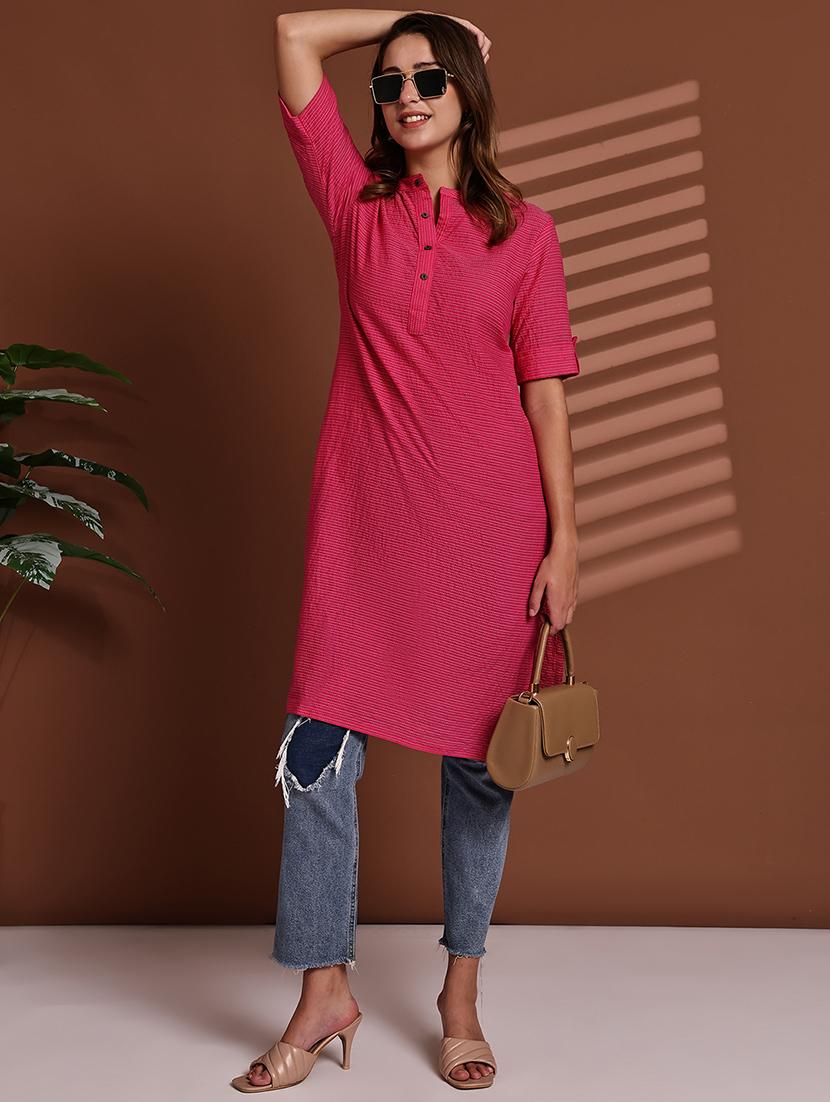 women striped roll up sleeve straight kurta - 22051694 - Zoom Image - 0