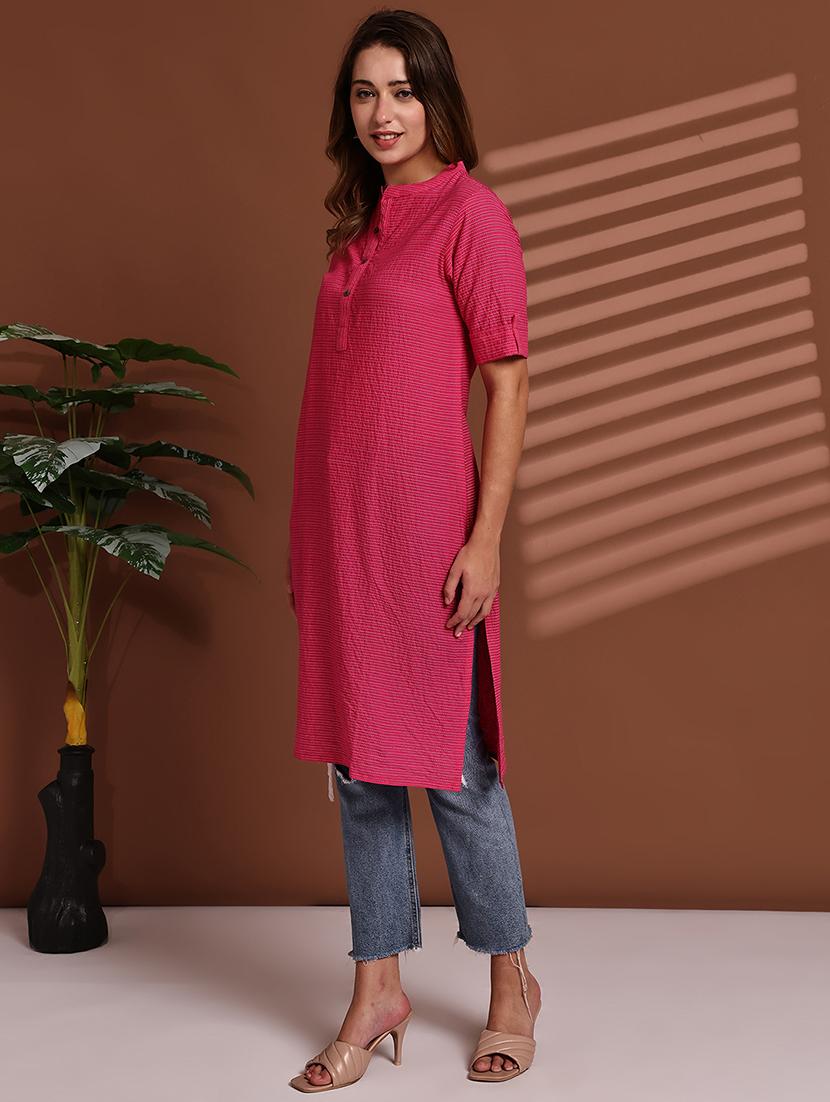 women striped roll up sleeve straight kurta - 22051694 - Standard Image - 3