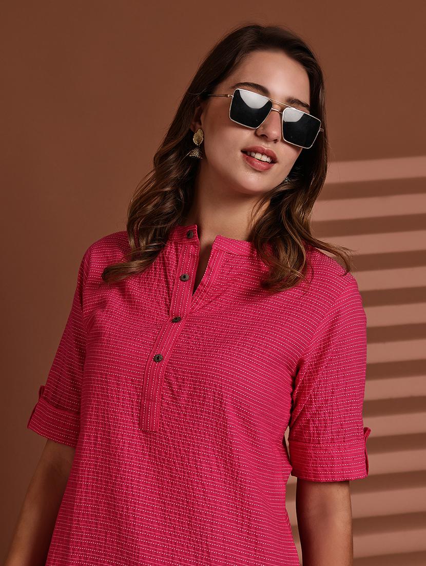women striped roll up sleeve straight kurta - 22051694 - Standard Image - 5