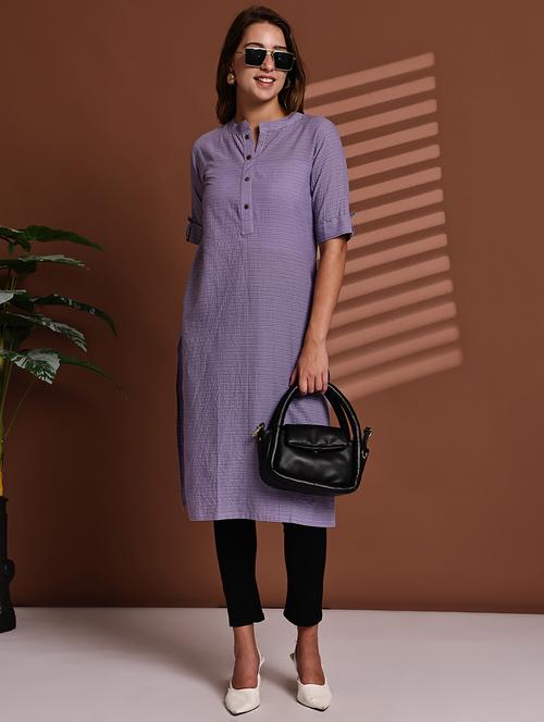 women striped roll up sleeve straight kurta - 22051695 - Standard Image - 0