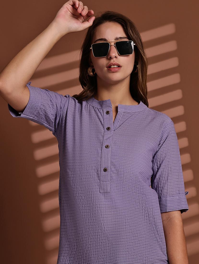 women striped roll up sleeve straight kurta - 22051695 - Standard Image - 5
