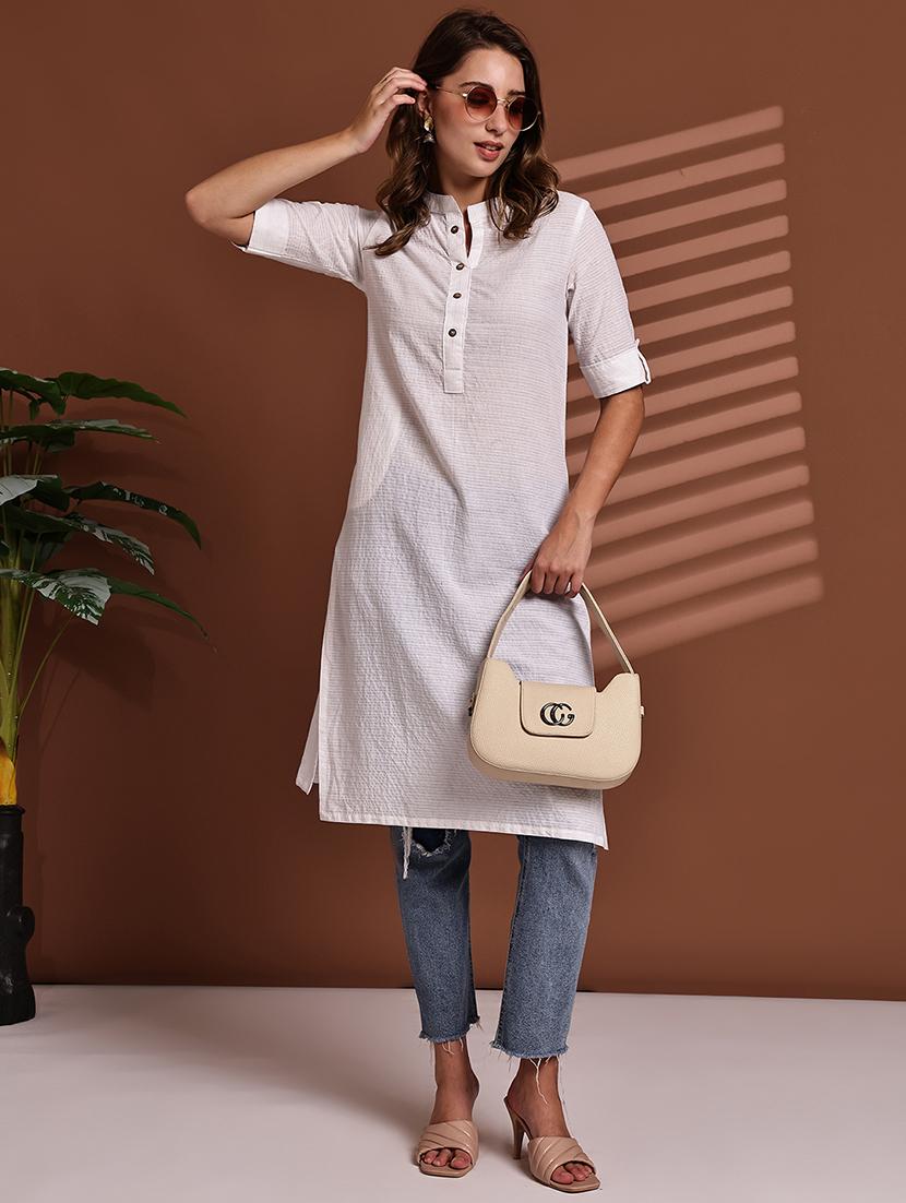 women striped roll up sleeve straight kurta - 22051696 - Zoom Image - 0