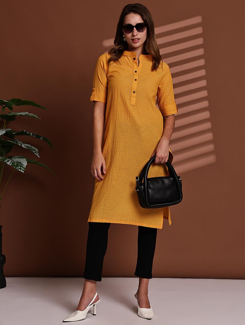 women striped roll up sleeve straight kurta - 22051697 -  Zoom Image - 0