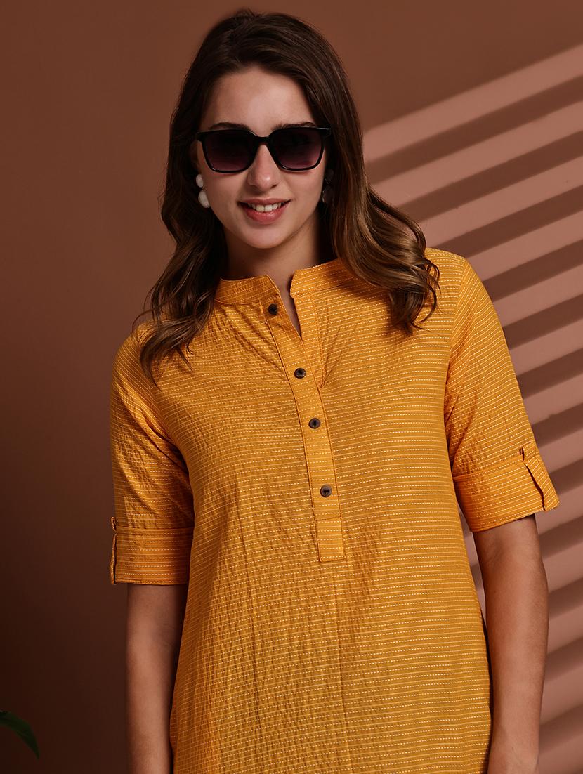 women striped roll up sleeve straight kurta - 22051697 - Standard Image - 5
