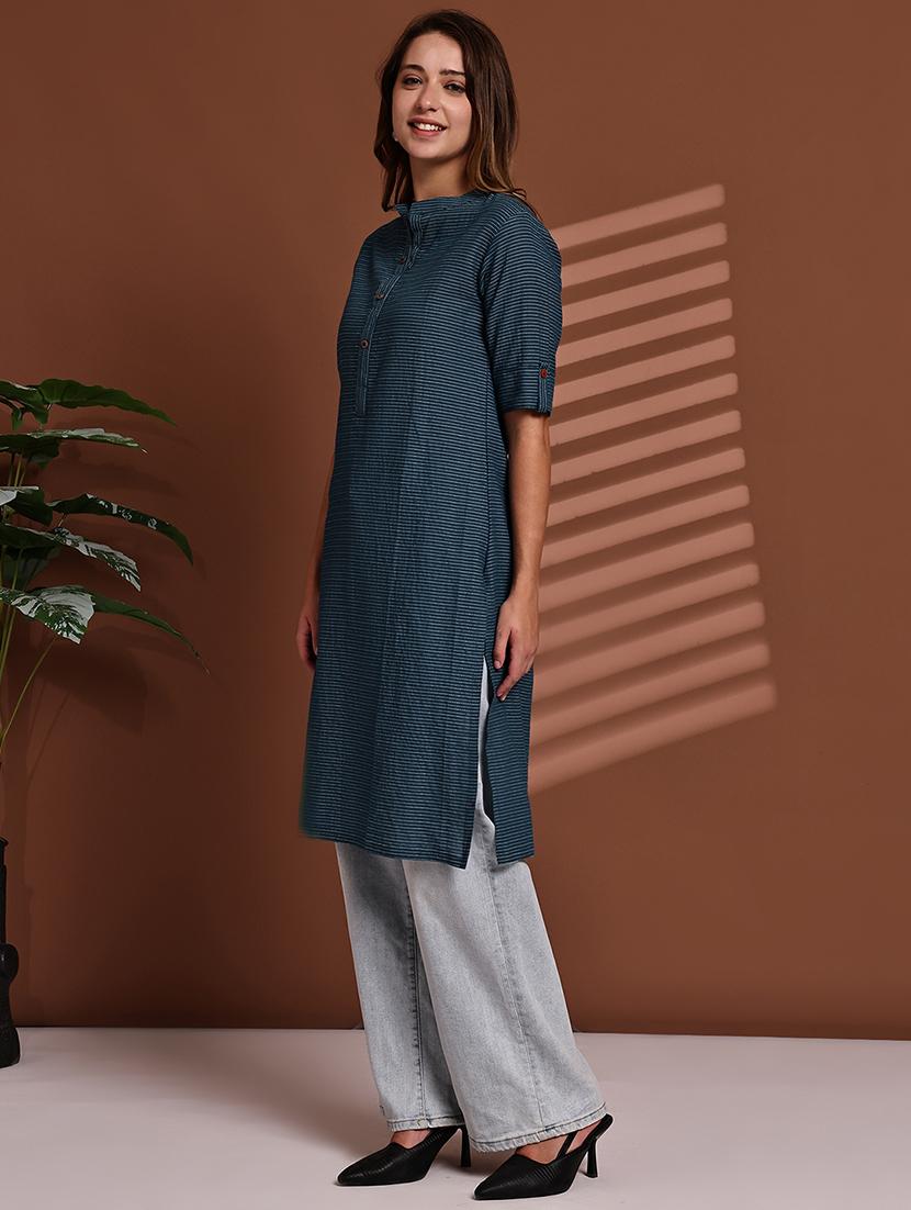 women striped roll up sleeve straight kurta - 22051698 - Standard Image - 3