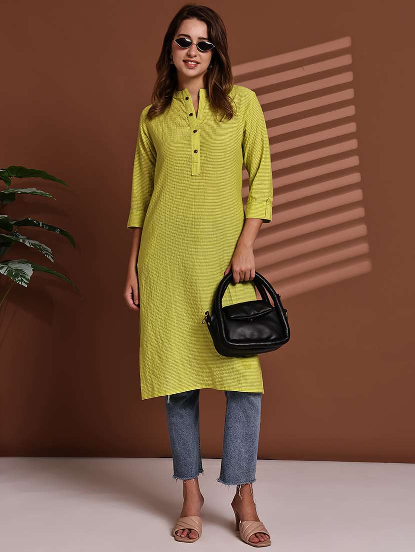 women striped roll up sleeve straight kurta - 22051699 - Zoom Image - 0