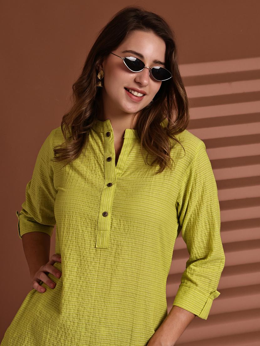 women striped roll up sleeve straight kurta - 22051699 - Standard Image - 5