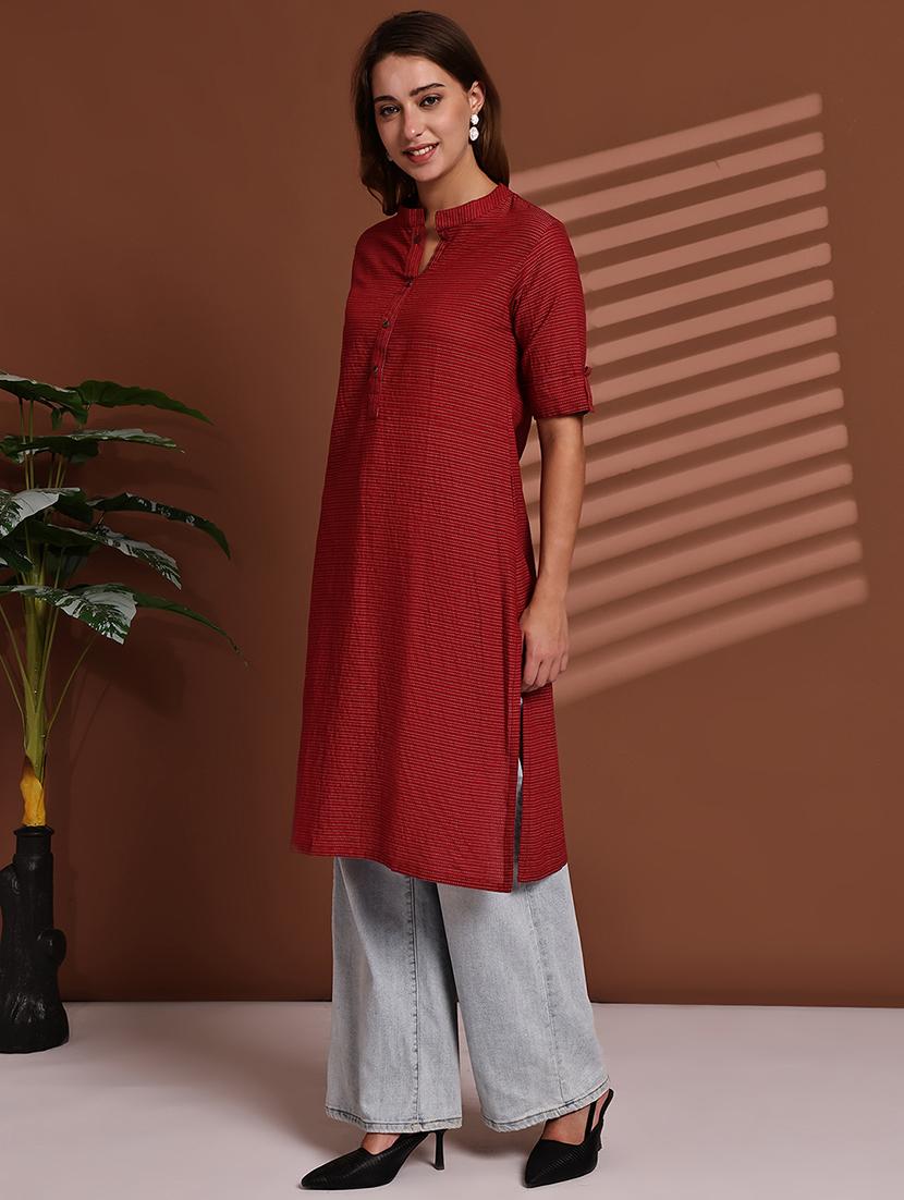 women striped roll up sleeve straight kurta - 22051700 - Standard Image - 3