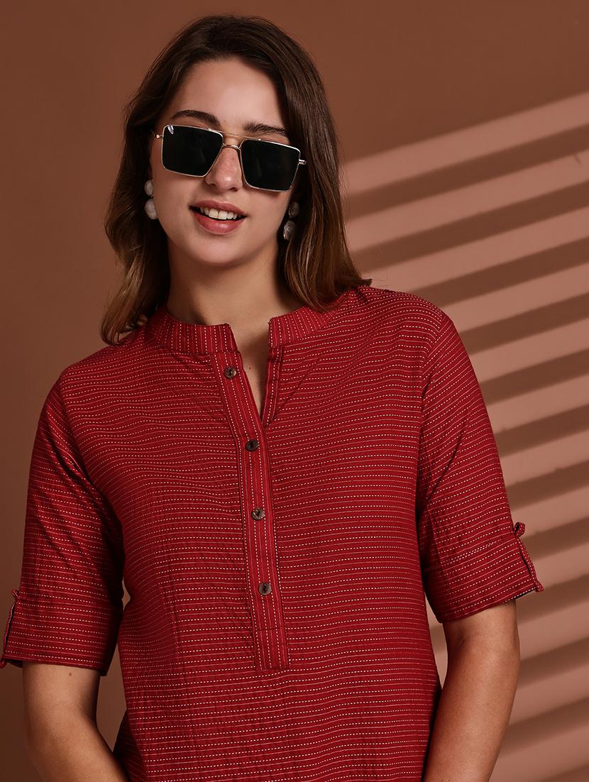 women striped roll up sleeve straight kurta - 22051700 - Standard Image - 5