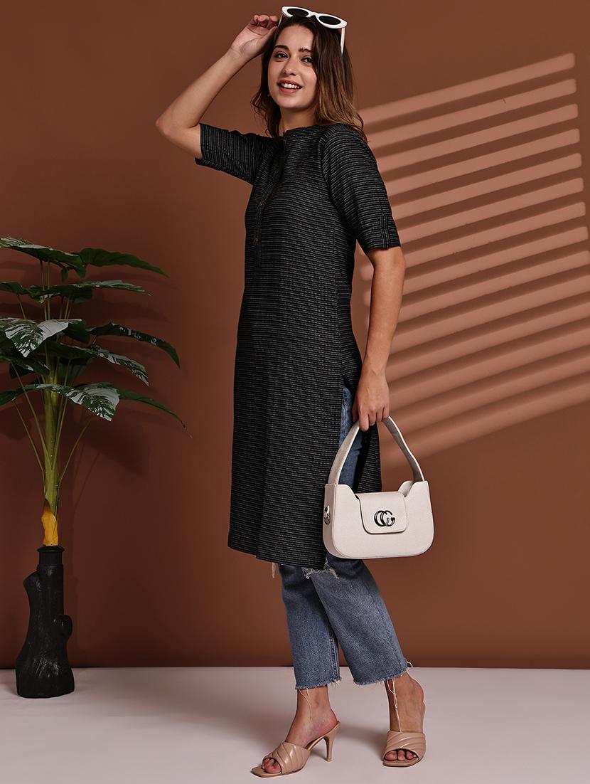 women striped roll up sleeve straight kurta