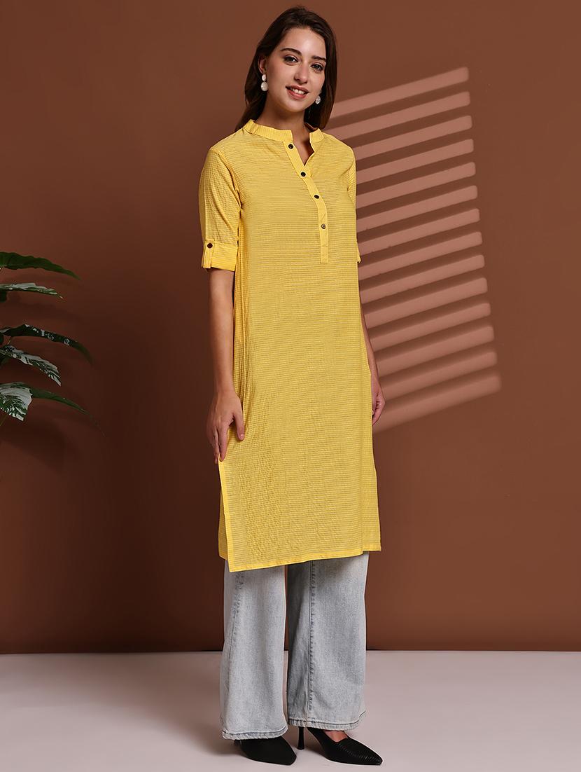 women striped roll up sleeve straight kurta - 22051702 - Standard Image - 3