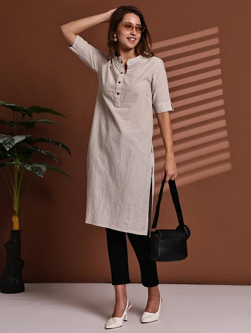 women striped roll up sleeve straight kurta - 22051703 - Standard Image - 0