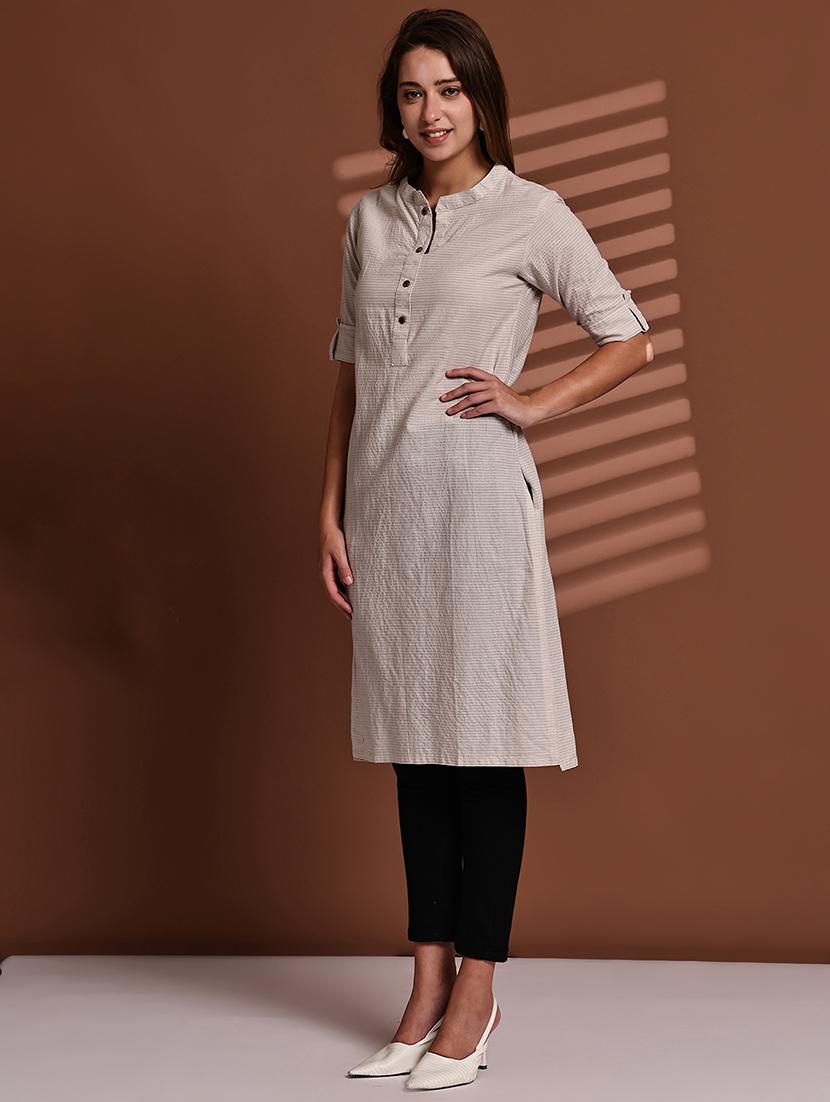 women striped roll up sleeve straight kurta - 22051703 - Standard Image - 3