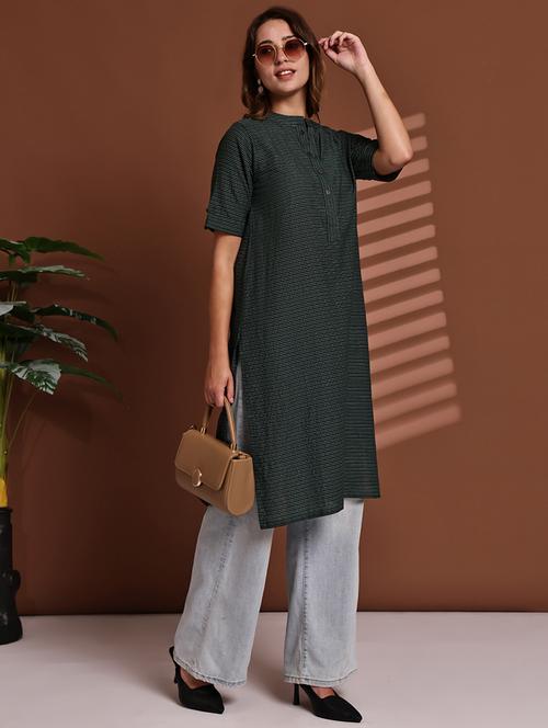 women striped roll up sleeve straight kurta - 22051704 - Standard Image - 0