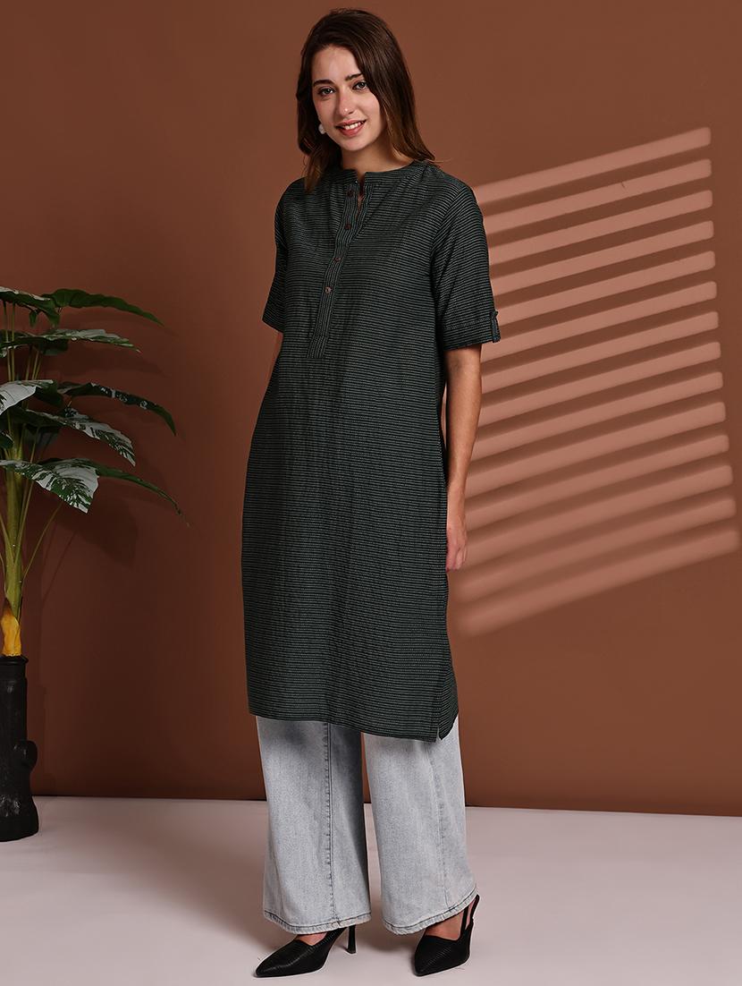 women striped roll up sleeve straight kurta - 22051704 - Standard Image - 3