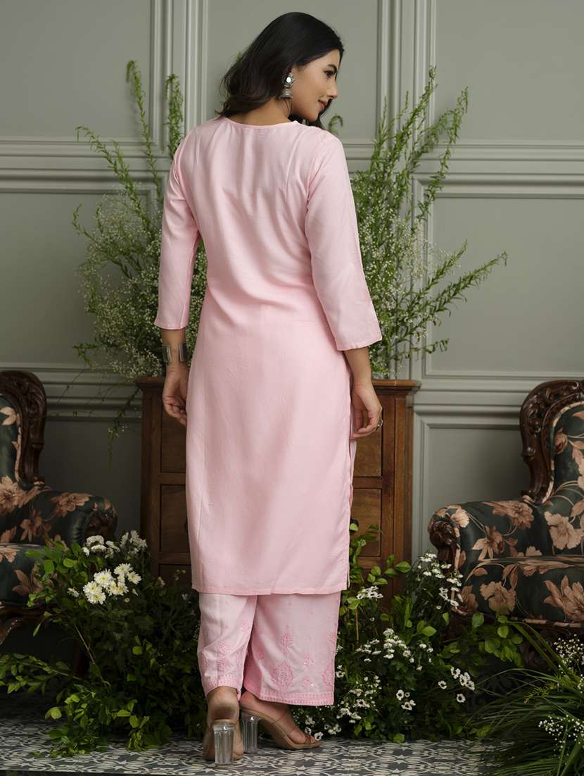 women solid with work three quarter sleeve kurta palazzo set - 22051754 -  Standard Image - 3