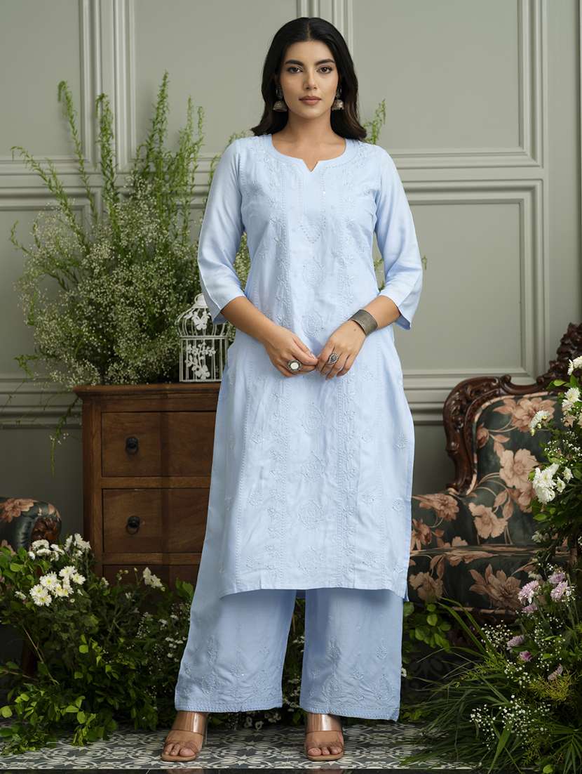 women solid with work three quarter sleeve kurta palazzo set 