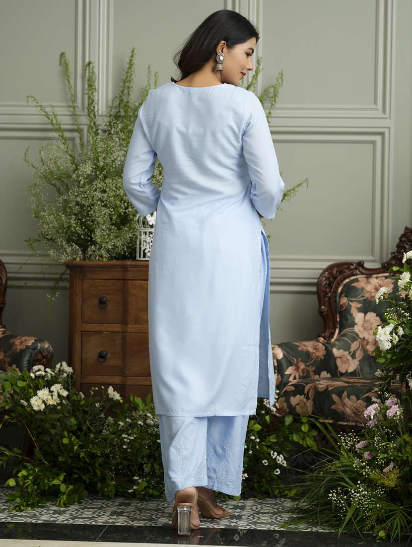 women solid with work three quarter sleeve kurta palazzo set  - 22051755 -  Standard Image - 3