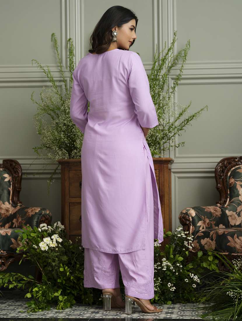 women solid with work three quarter sleeve kurta palazzo set - 22051756 -  Standard Image - 3