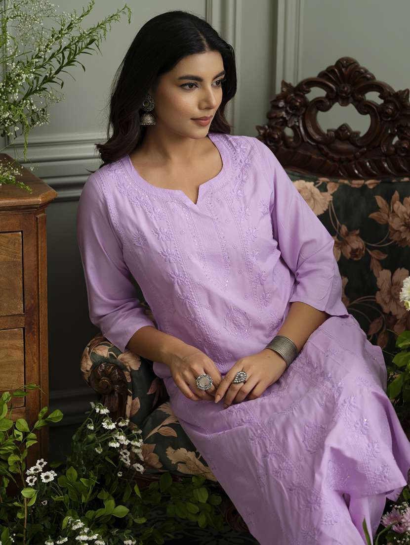 women solid with work three quarter sleeve kurta palazzo set - 22051756 -  Standard Image - 5