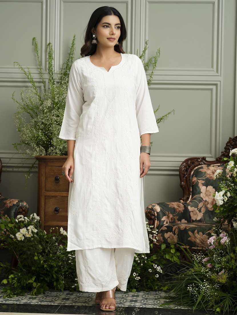 women solid with work three quarter sleeve kurta palazzo set