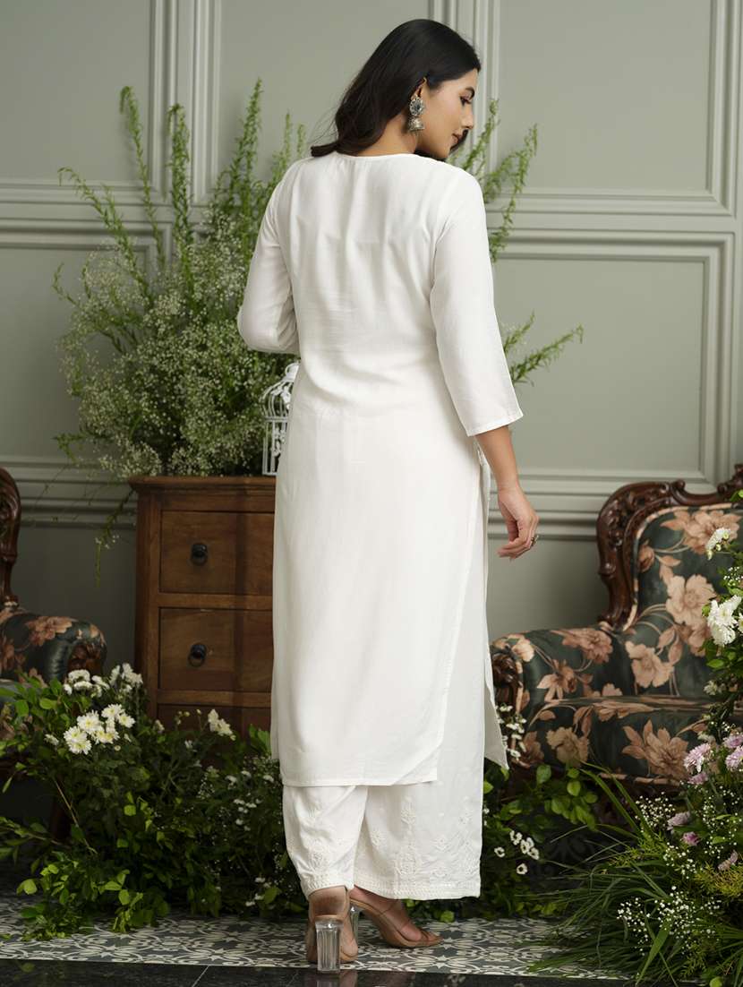 women solid with work three quarter sleeve kurta palazzo set - 22051757 -  Standard Image - 3