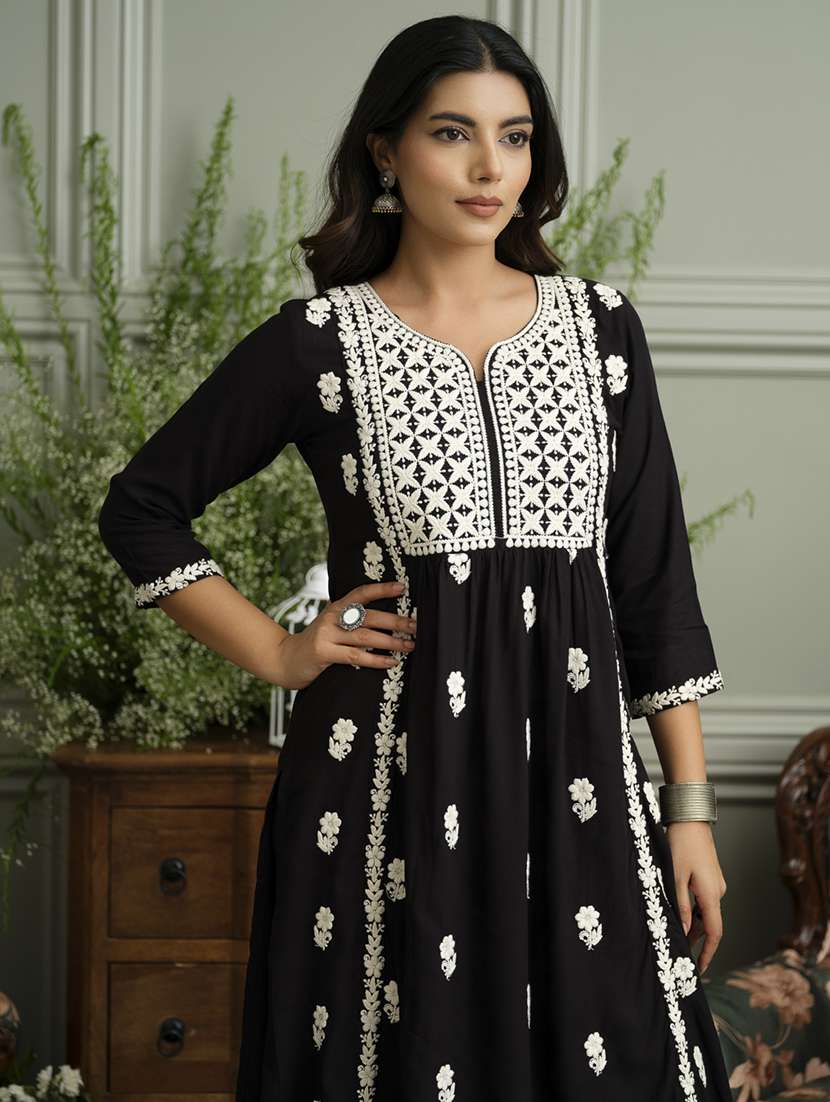 women solid with work three quarter sleeve kurta pant set - 22051758 -  Standard Image - 3