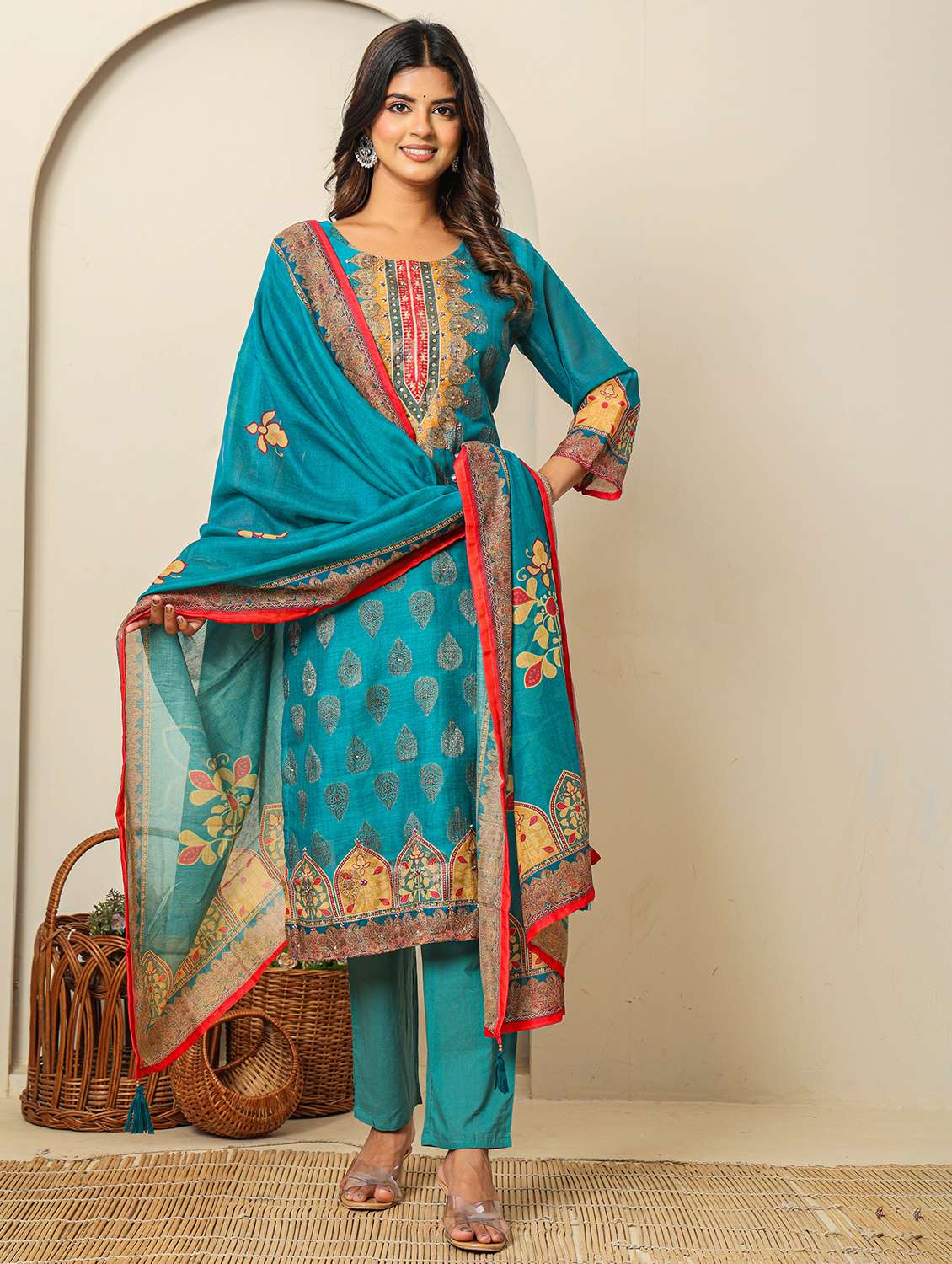 Women Three Quarter Sleeve Kurta Pant With Dupatta Set