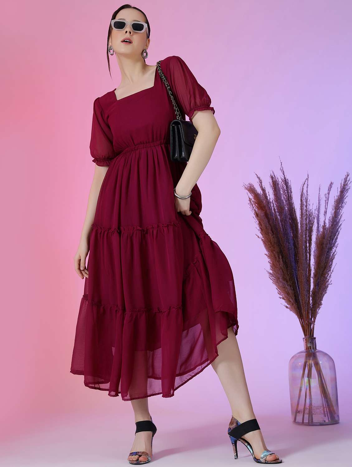 women solid puff sleeve tiered maxi dress