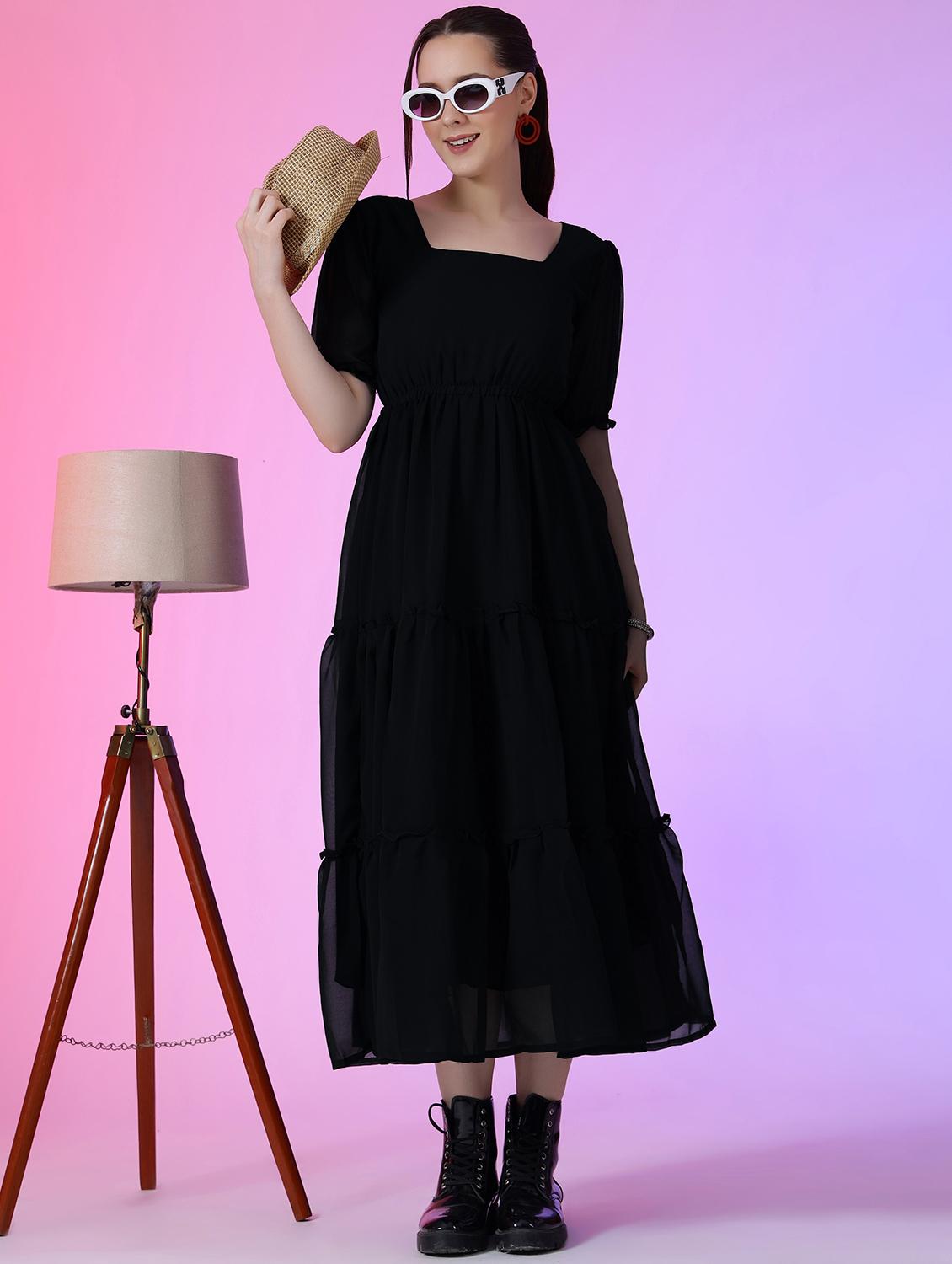 women solid puff sleeve tiered dress