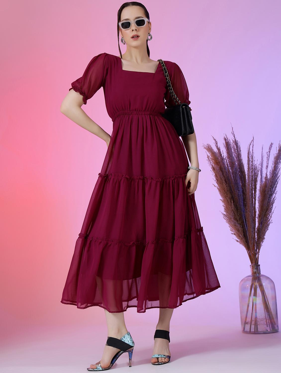 women solid puff sleeve tiered maxi dress