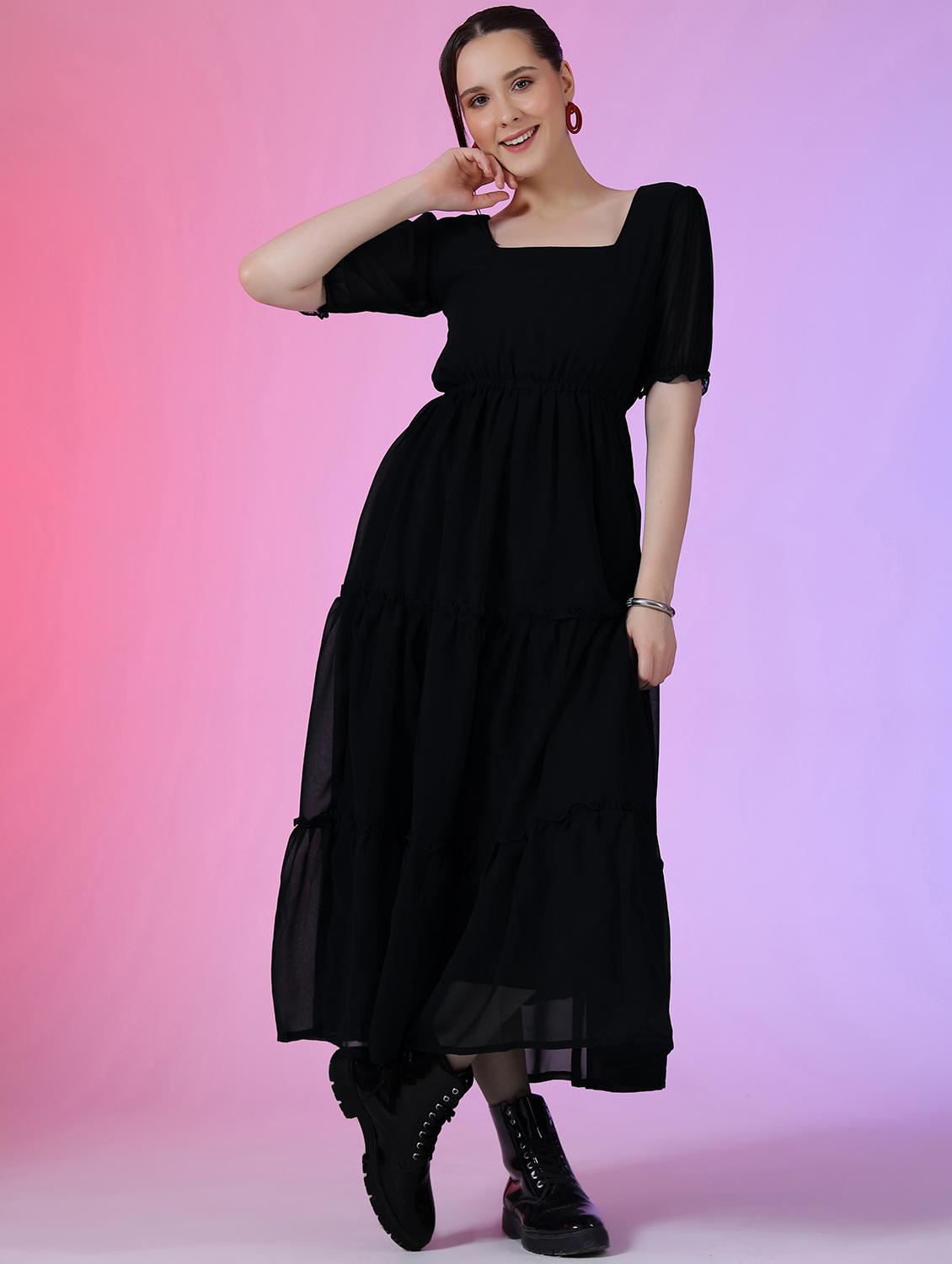 women solid puff sleeve tiered maxi dress