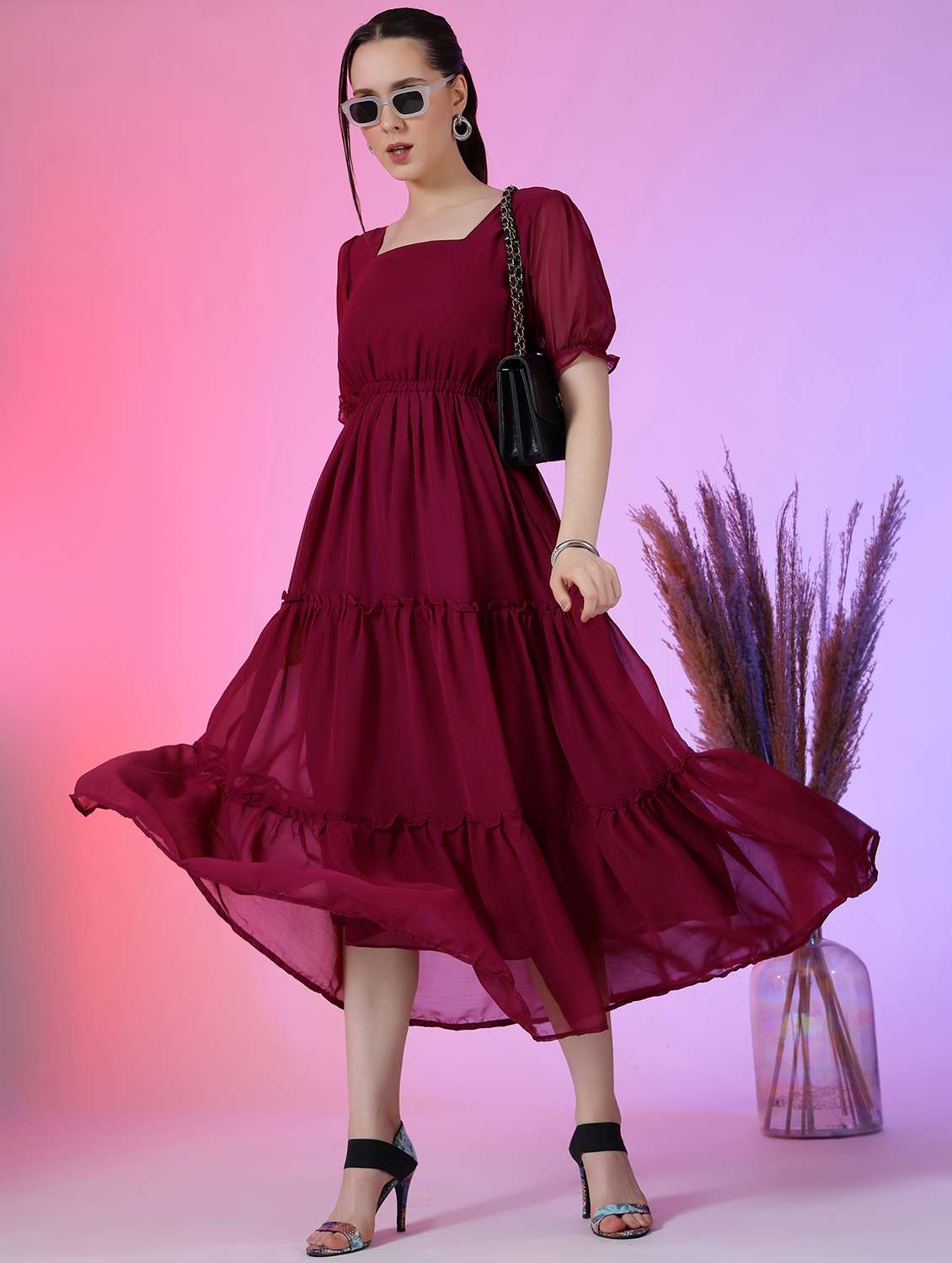 women solid puff sleeve tiered dress