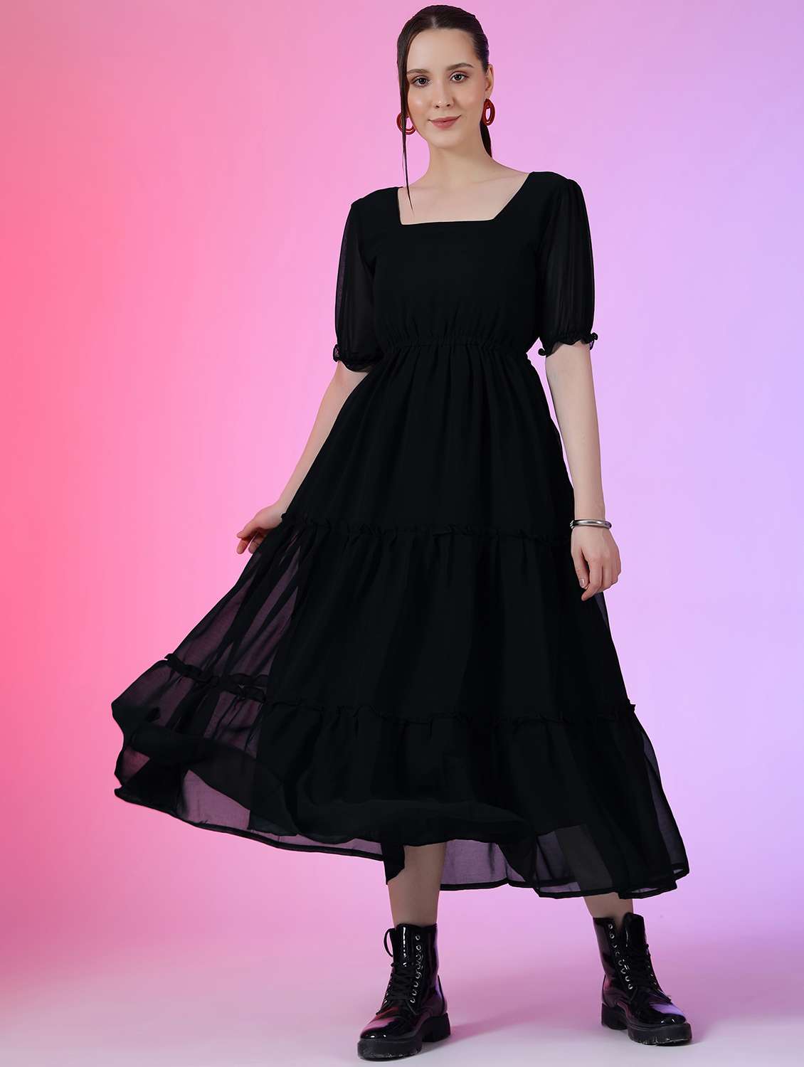 women solid puff sleeve tiered dress - 22051792 -  Zoom Image - 0