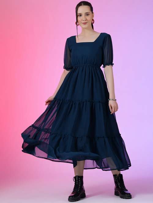 women solid puff sleeve tiered dress - 22051793 -  Standard Image - 0