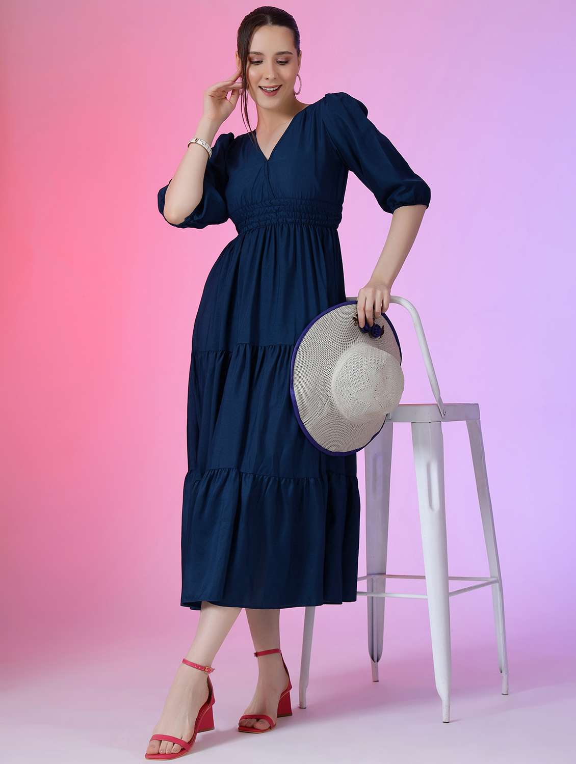 women solid puff sleeve tiered dress