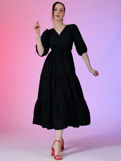 women solid puff sleeve tiered dress - 22051803 - Standard Image - 0