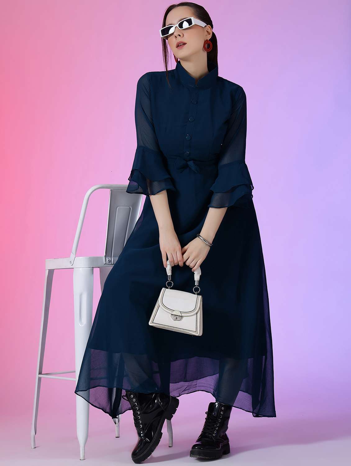 women solid bell sleeve fit & flare dress