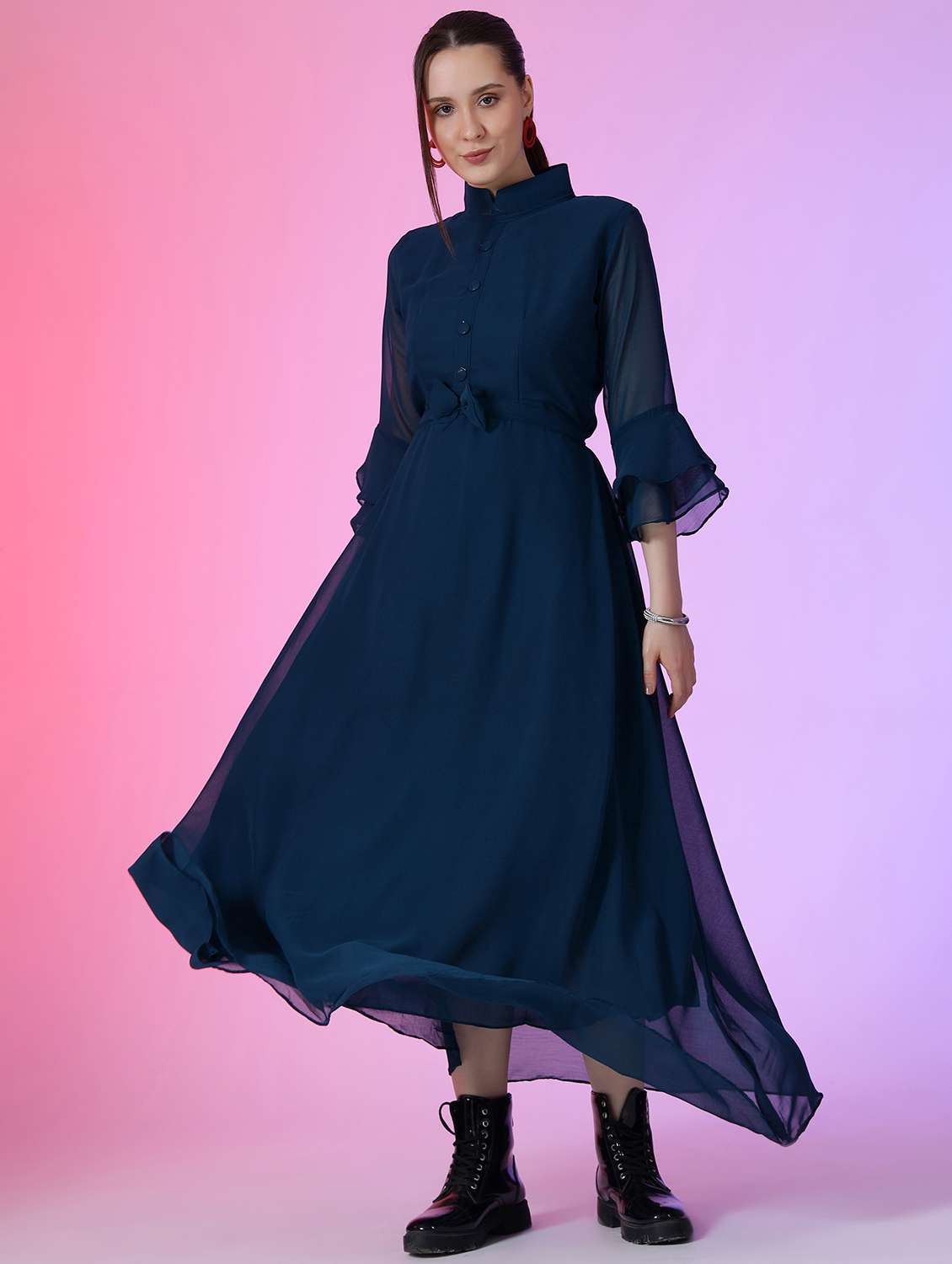 women solid bell sleeve fit & flare dress - 22051809 -  Zoom Image - 0